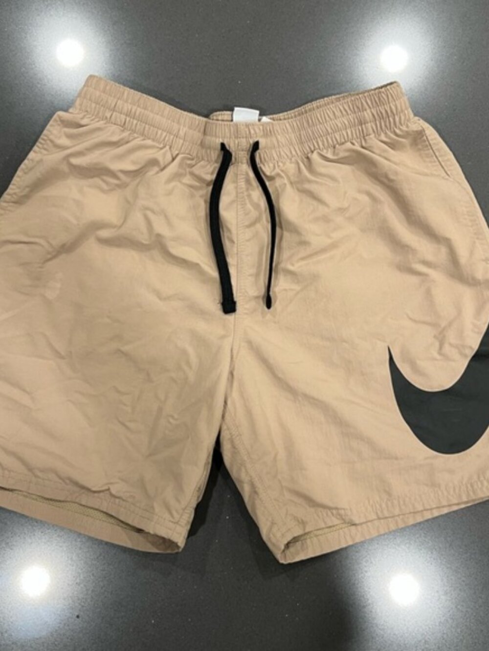 Nike Tan Mesh-Lined Swim Trunks with Black Swoosh